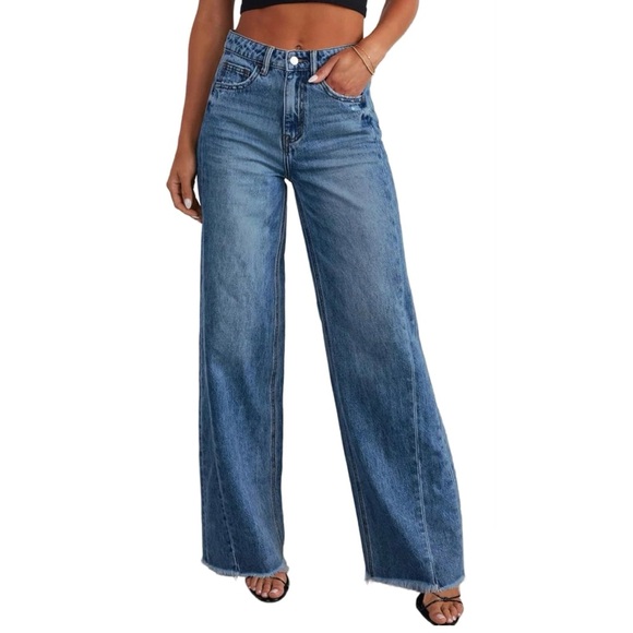 Denim - Sidefeel Women's Wide Leg Jeans High Waisted Strechy Raw Hem Denim Pants Size 18